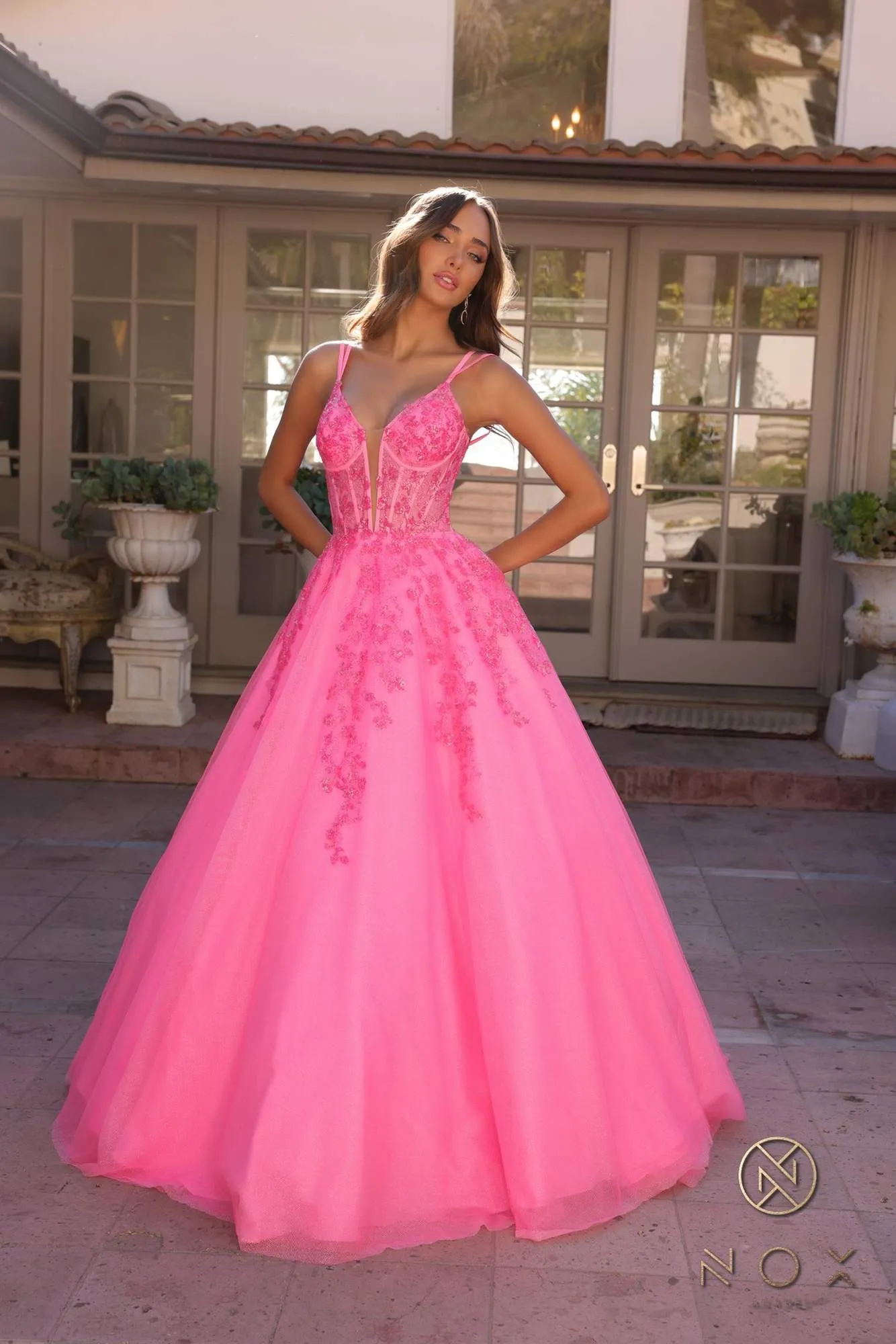 Nox Anabel H1357 Plunging Illusion Neckline Corset A-Line Ballgown