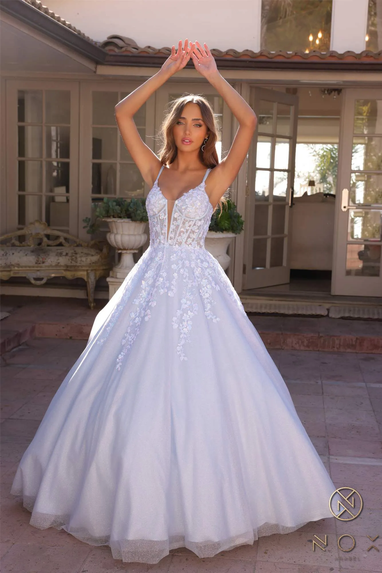 Nox Anabel H1357 Plunging Illusion Neckline Corset A-Line Ballgown