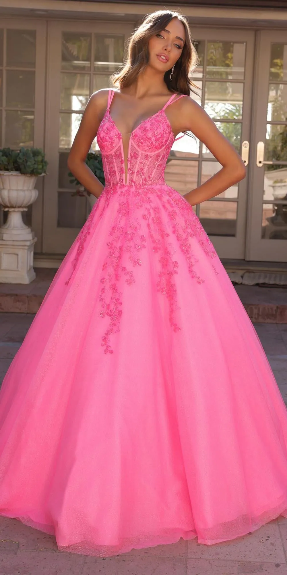 Nox Anabel H1357 Plunging Illusion Neckline Corset A-Line Ballgown