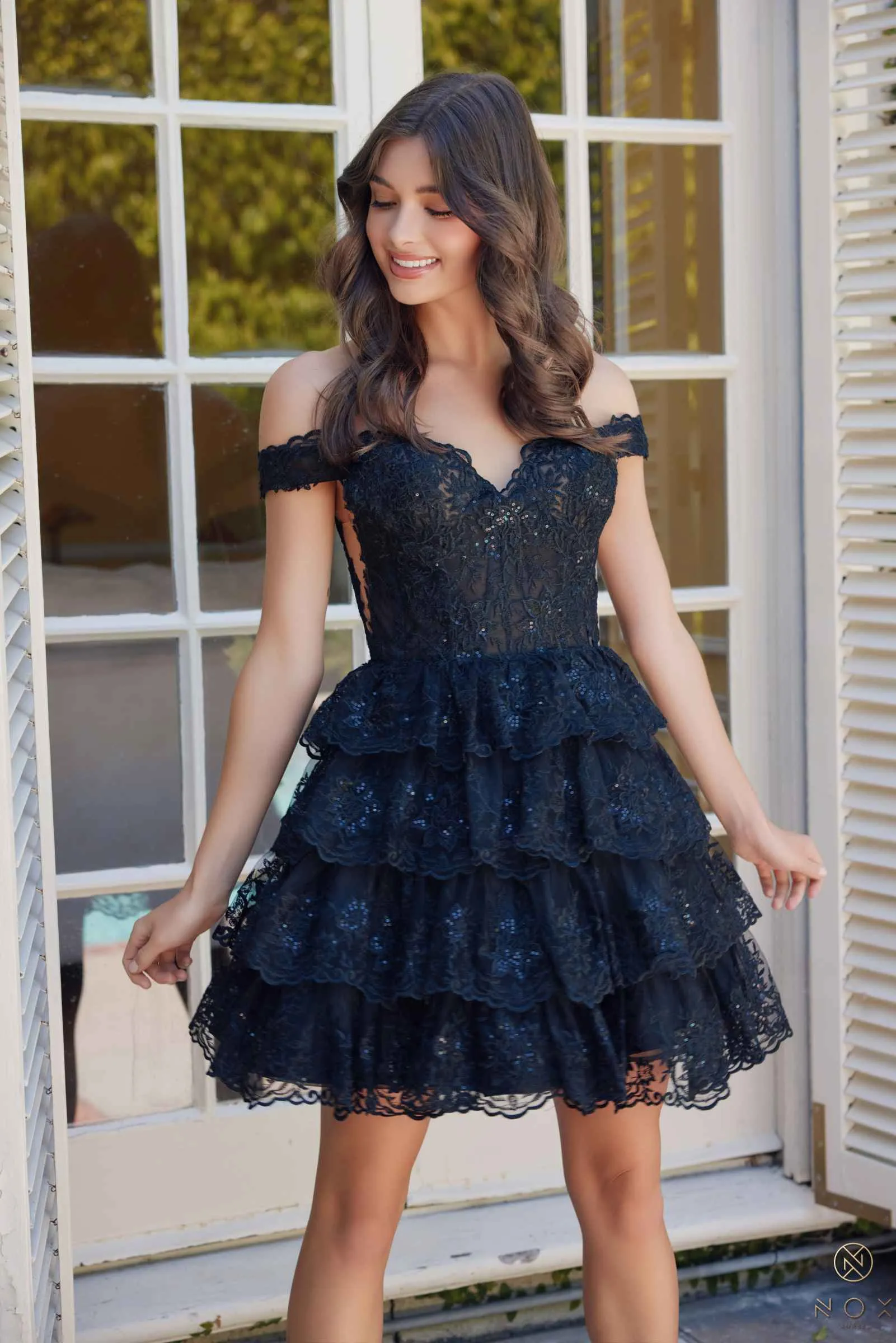 Nox Anabel R877 Dress Short A-Line Off the Shoulder Tiered Skirt