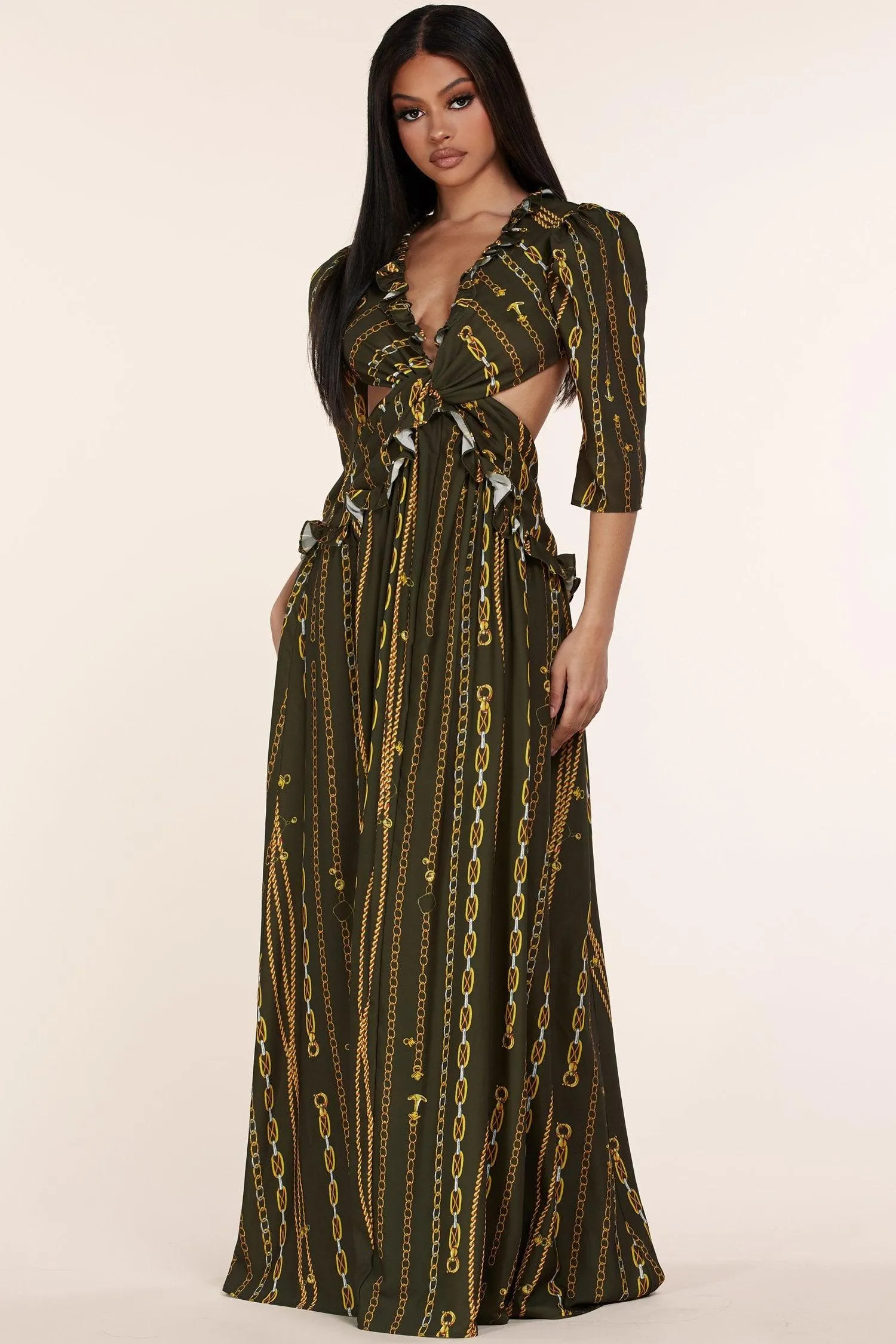 OLIVE GREEN MAXI CHAIN DRESS