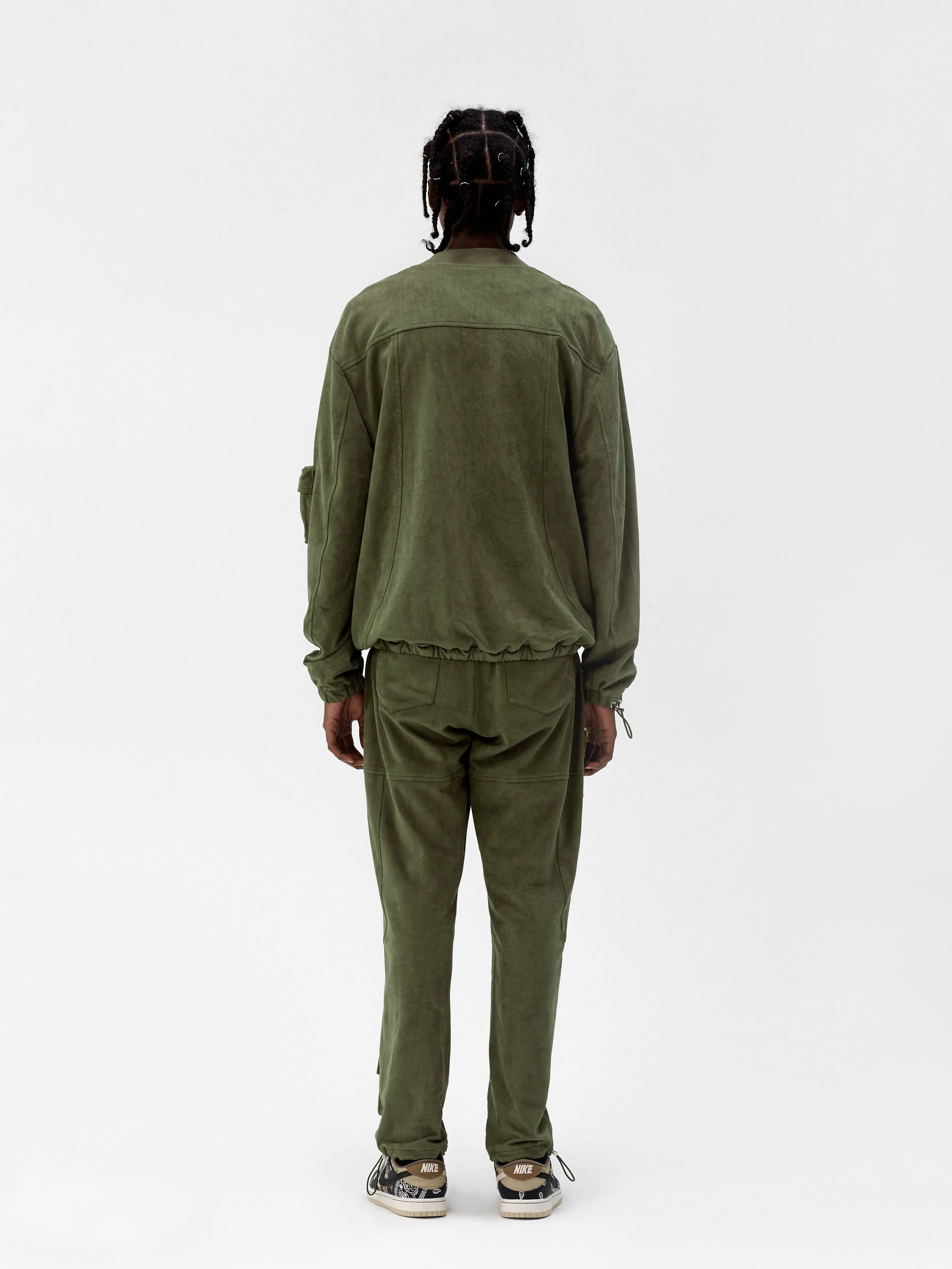 Olive Suede Fabric Capsule Pockets  Drawstring Trousers