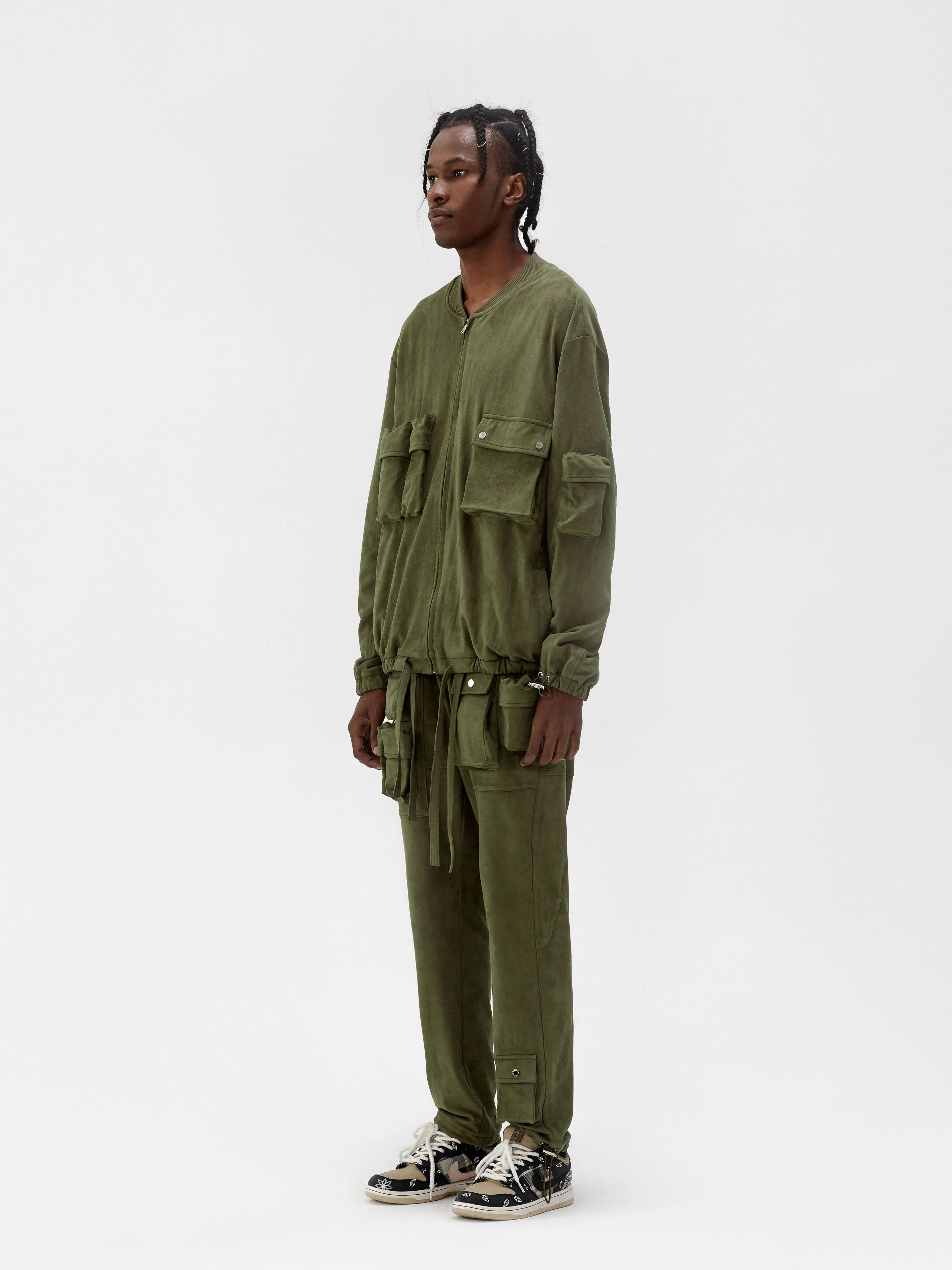 Olive Suede Fabric Capsule Pockets  Drawstring Trousers