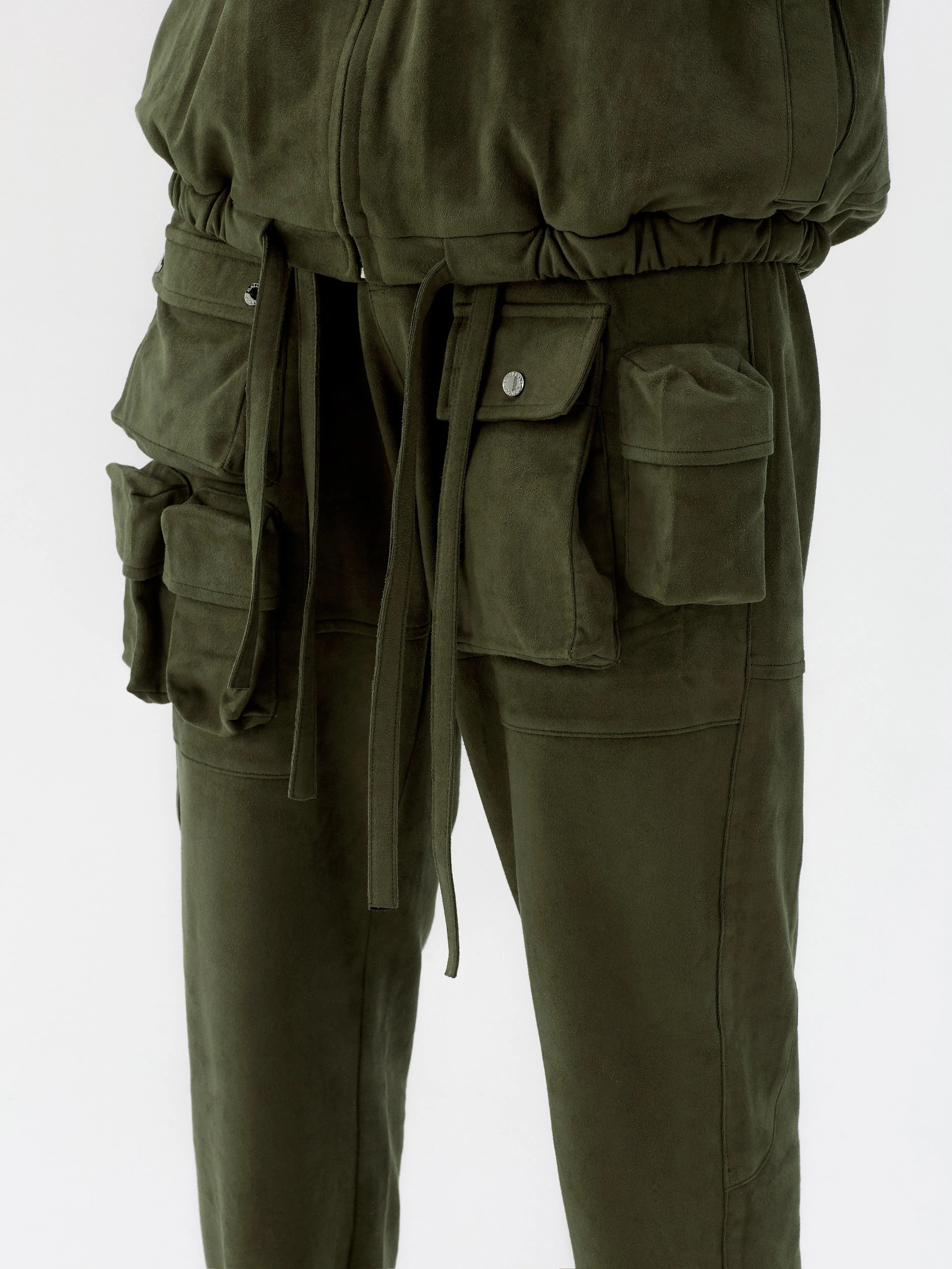 Olive Suede Fabric Capsule Pockets  Drawstring Trousers