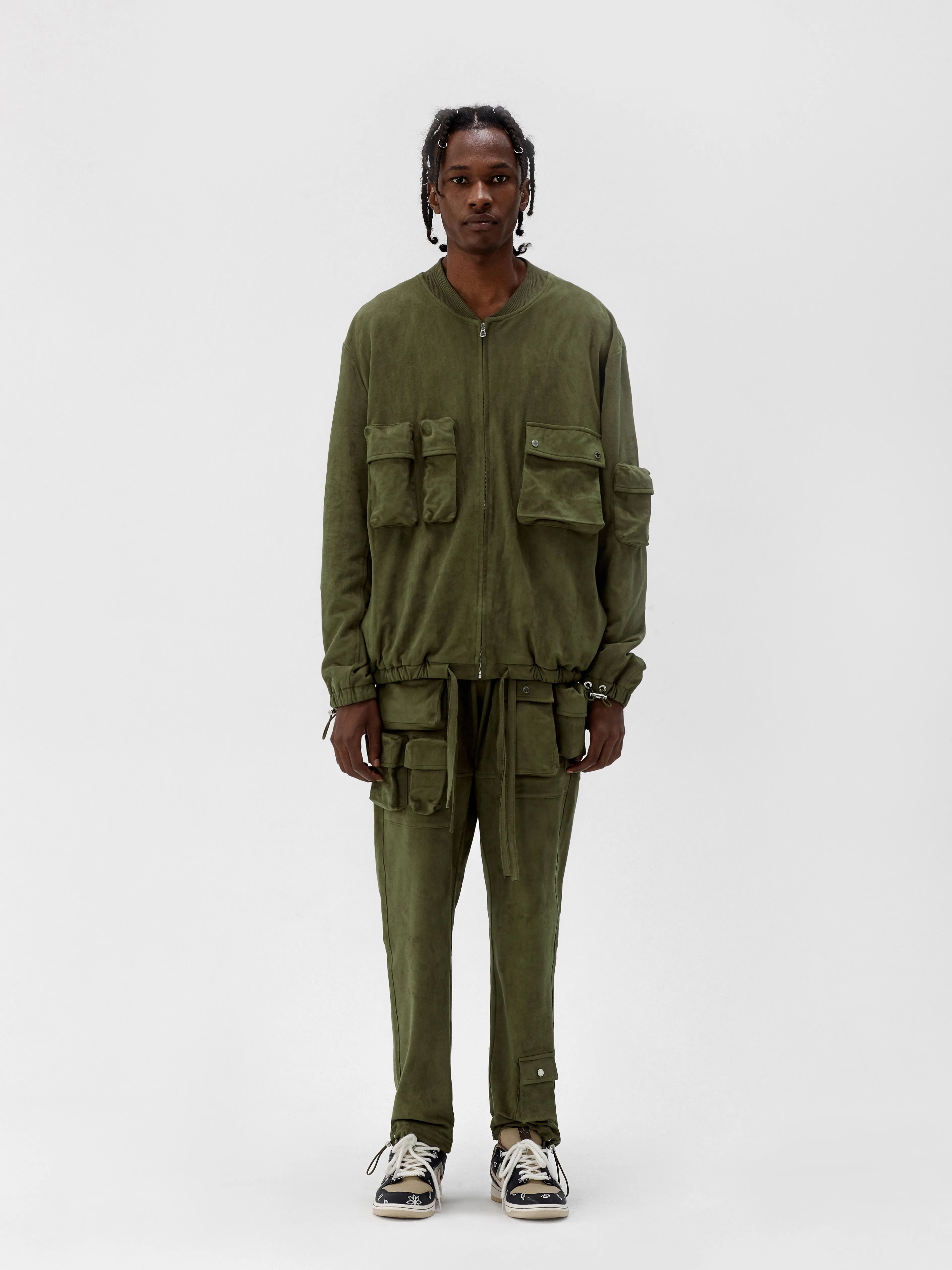 Olive Suede Fabric Capsule Pockets  Drawstring Trousers