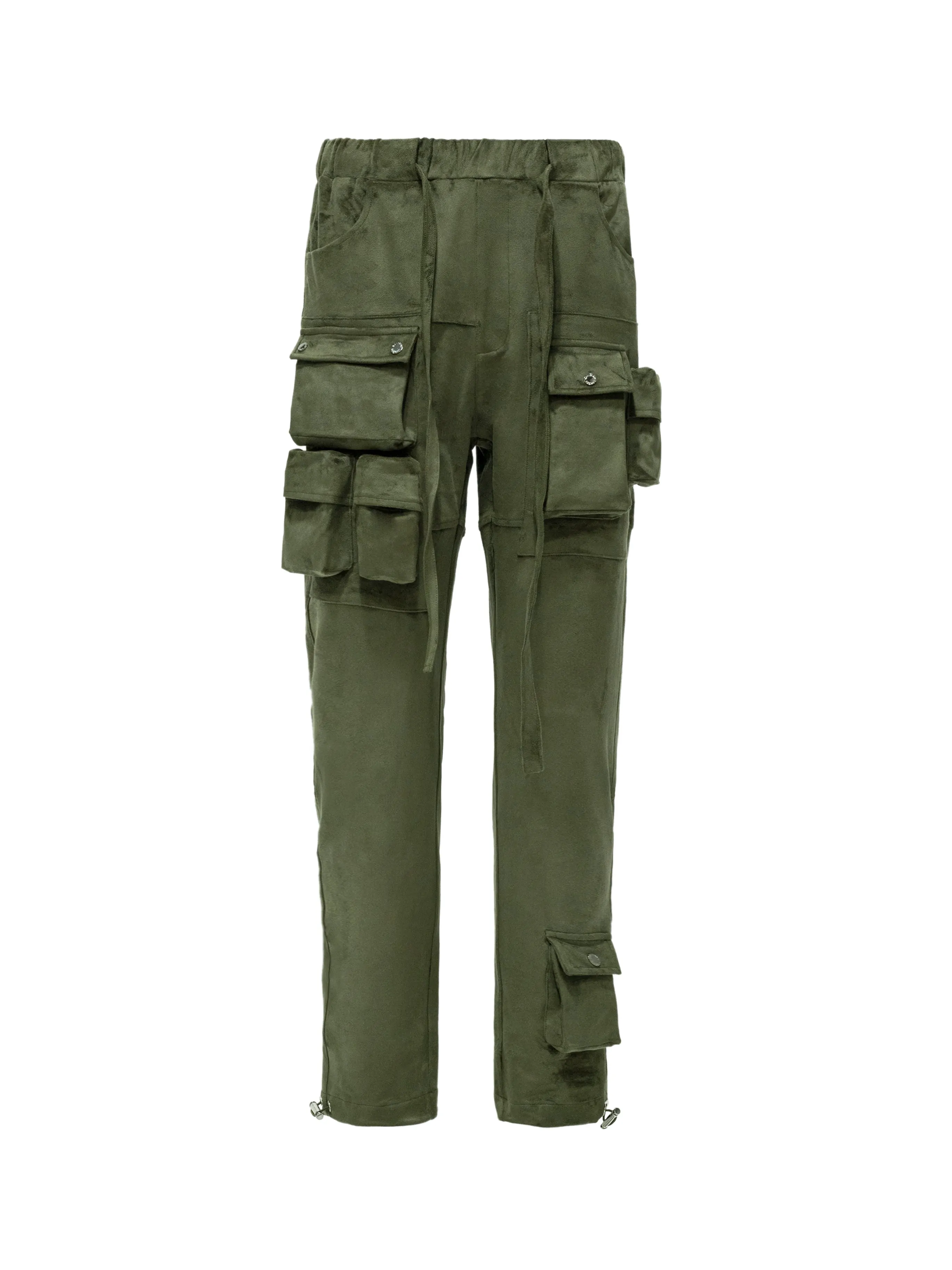 Olive Suede Fabric Capsule Pockets  Drawstring Trousers