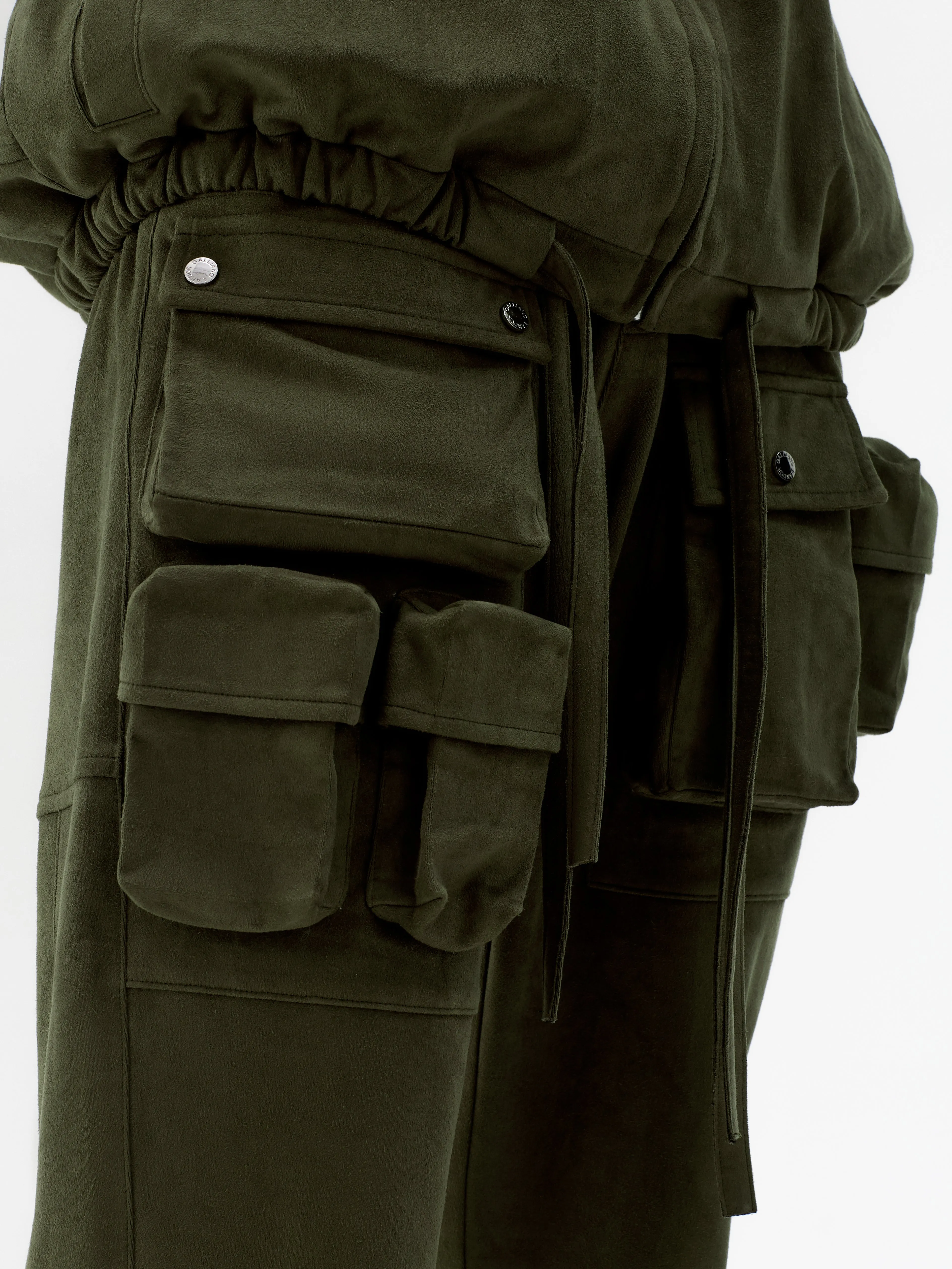 Olive Suede Fabric Capsule Pockets  Drawstring Trousers