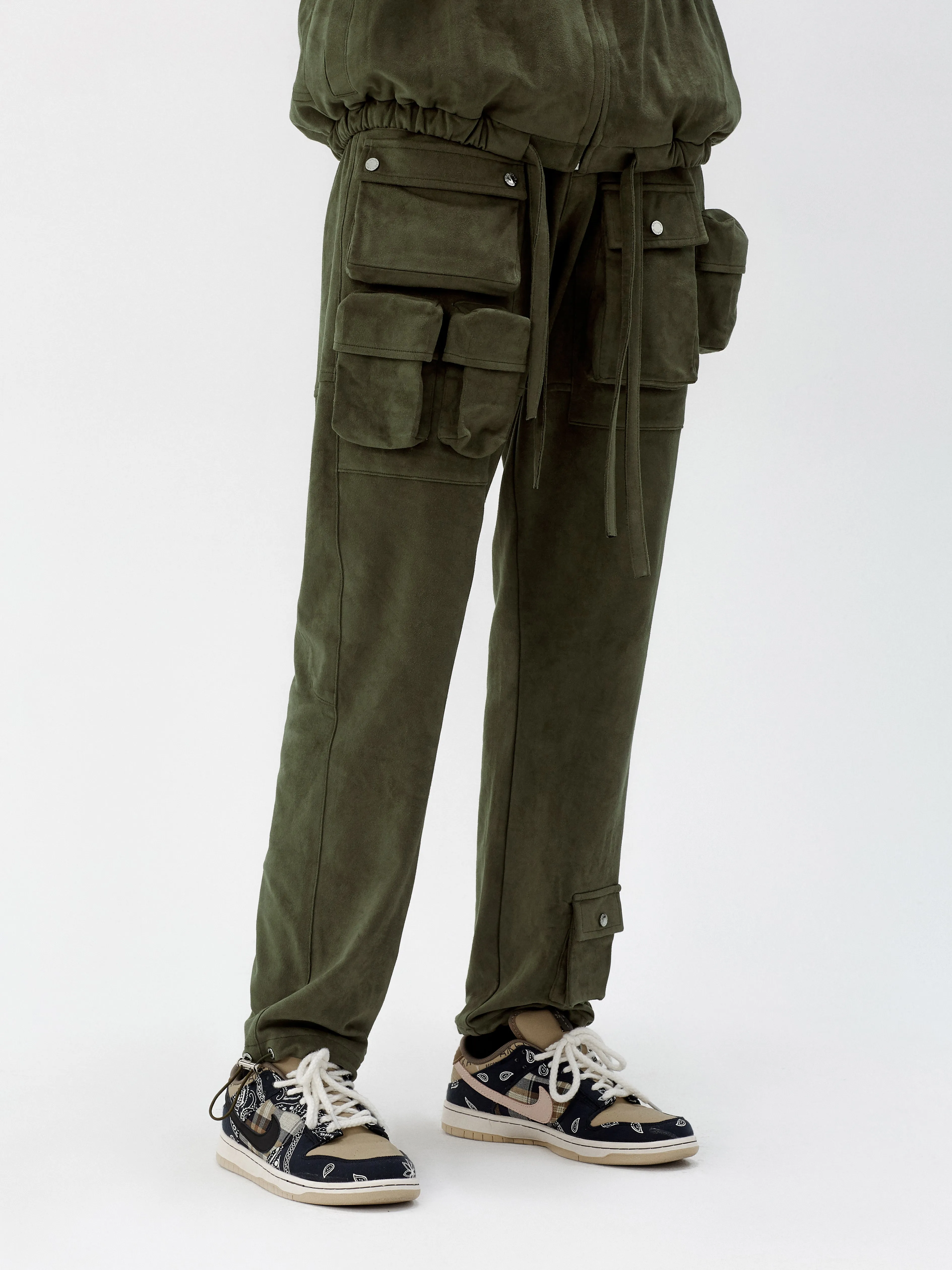 Olive Suede Fabric Capsule Pockets  Drawstring Trousers
