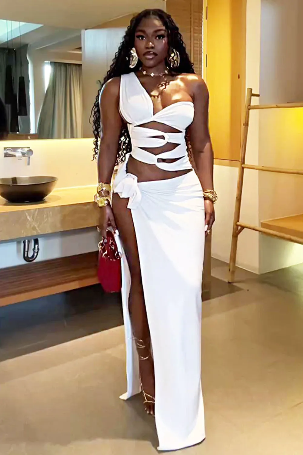One Shoulder Asymmetric Cutout High Slit Party Maxi Dresses-White [Pre Order]