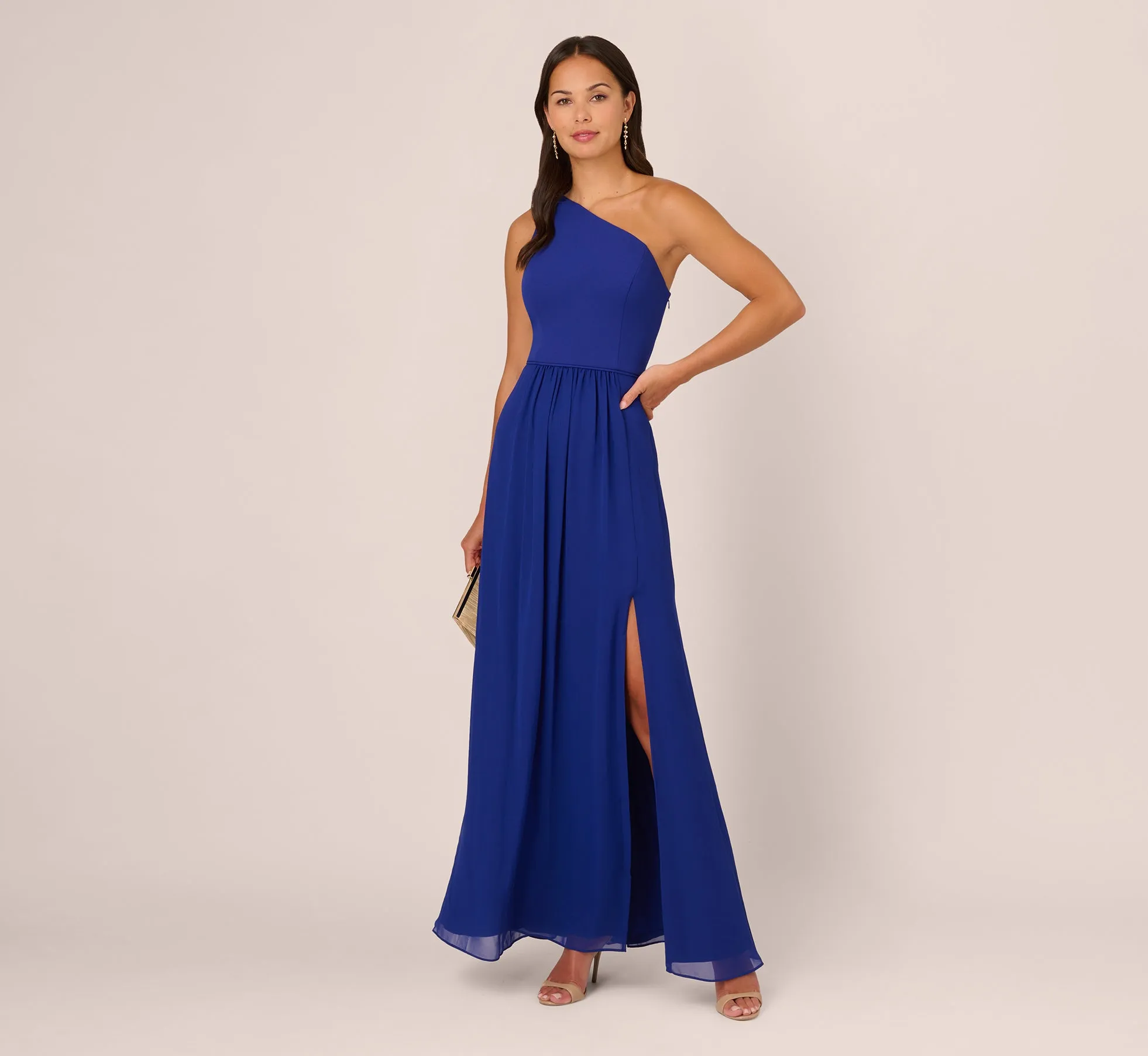 One-Shoulder Chiffon Long Gown In Royal Sapphire