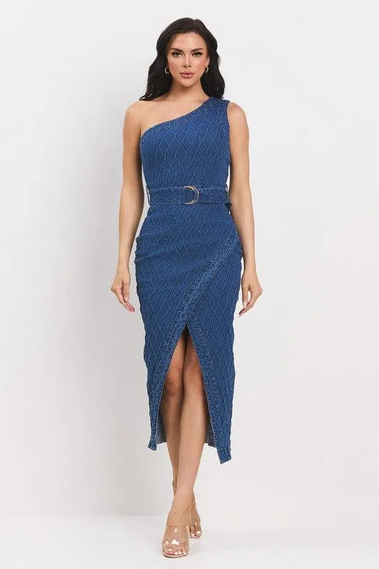 ONE SHOULDER DENIM MIDI DRESS