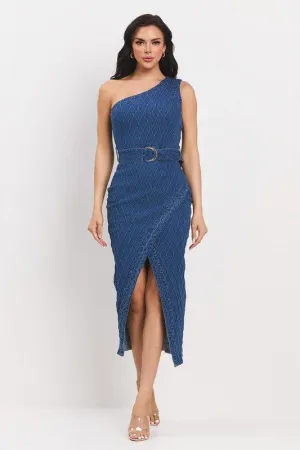 ONE SHOULDER DENIM MIDI DRESS