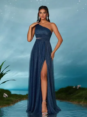 One Shoulder Mesh Pleated Prom Dress MCW1149