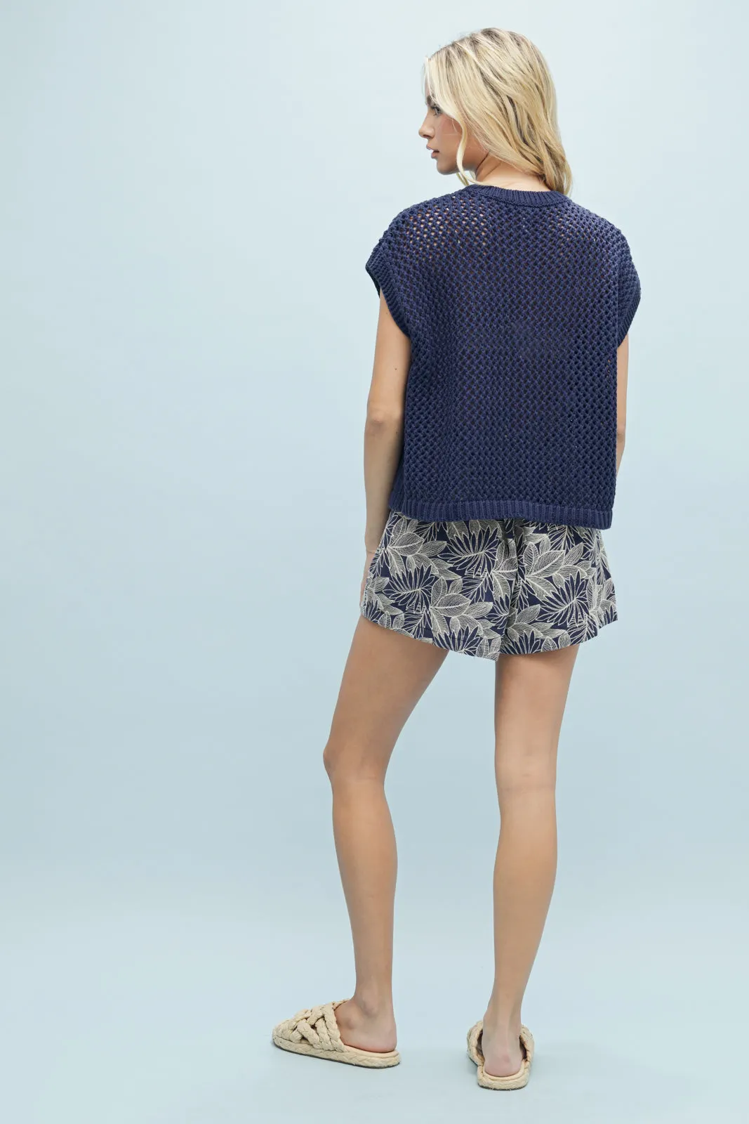 OPEN-KNIT SLEEVELESS SWEATER TOP - SEMI-SHEER-Navy
