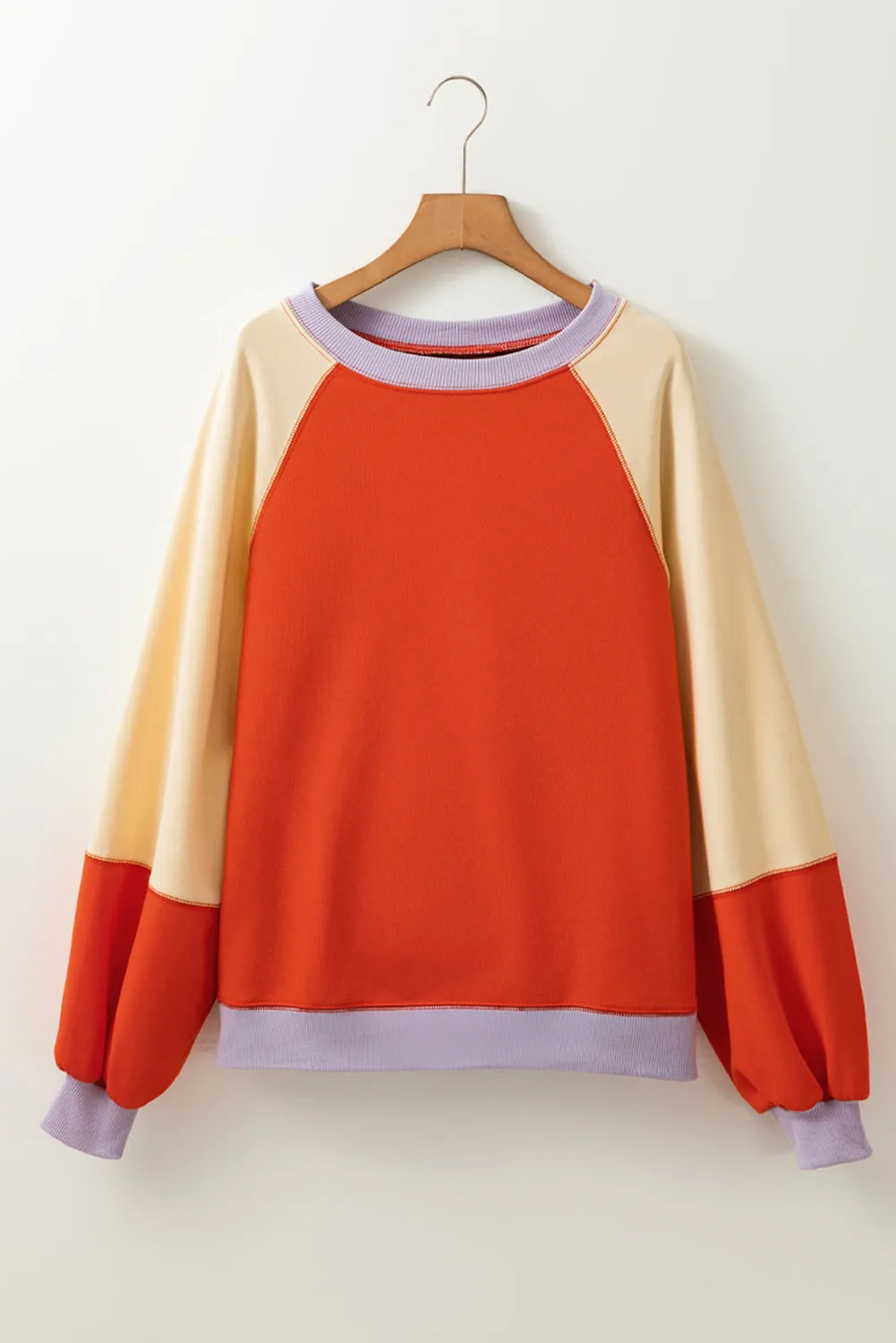 Orange Color Block Side Slits Raglan Sleeve Loose Fit Top