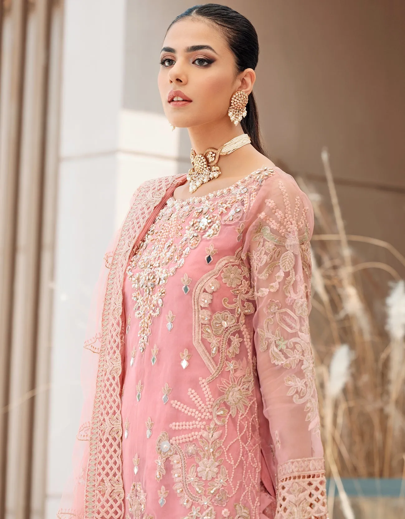 Organza Pink Salwar Kameez for Pakistani Party Dresses