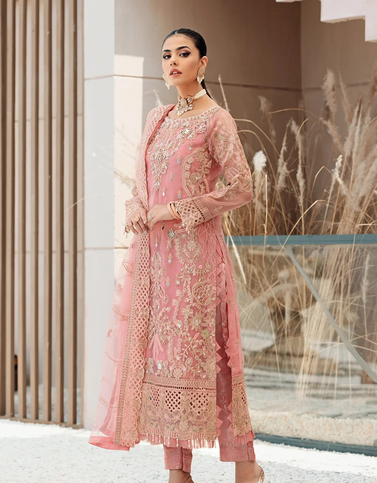 Organza Pink Salwar Kameez for Pakistani Party Dresses