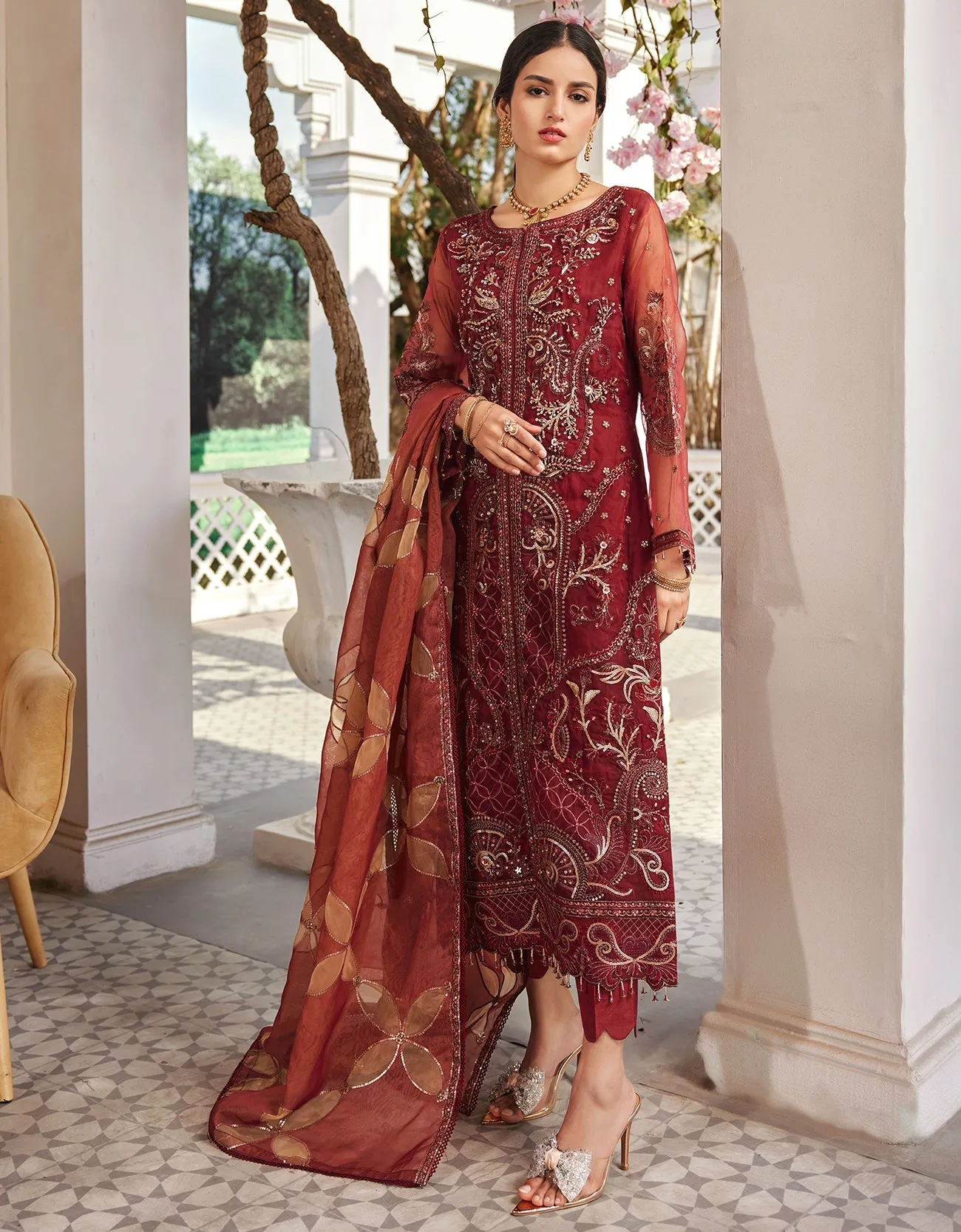 Organza Red Salwar Kameez for Pakistani Party Dresses