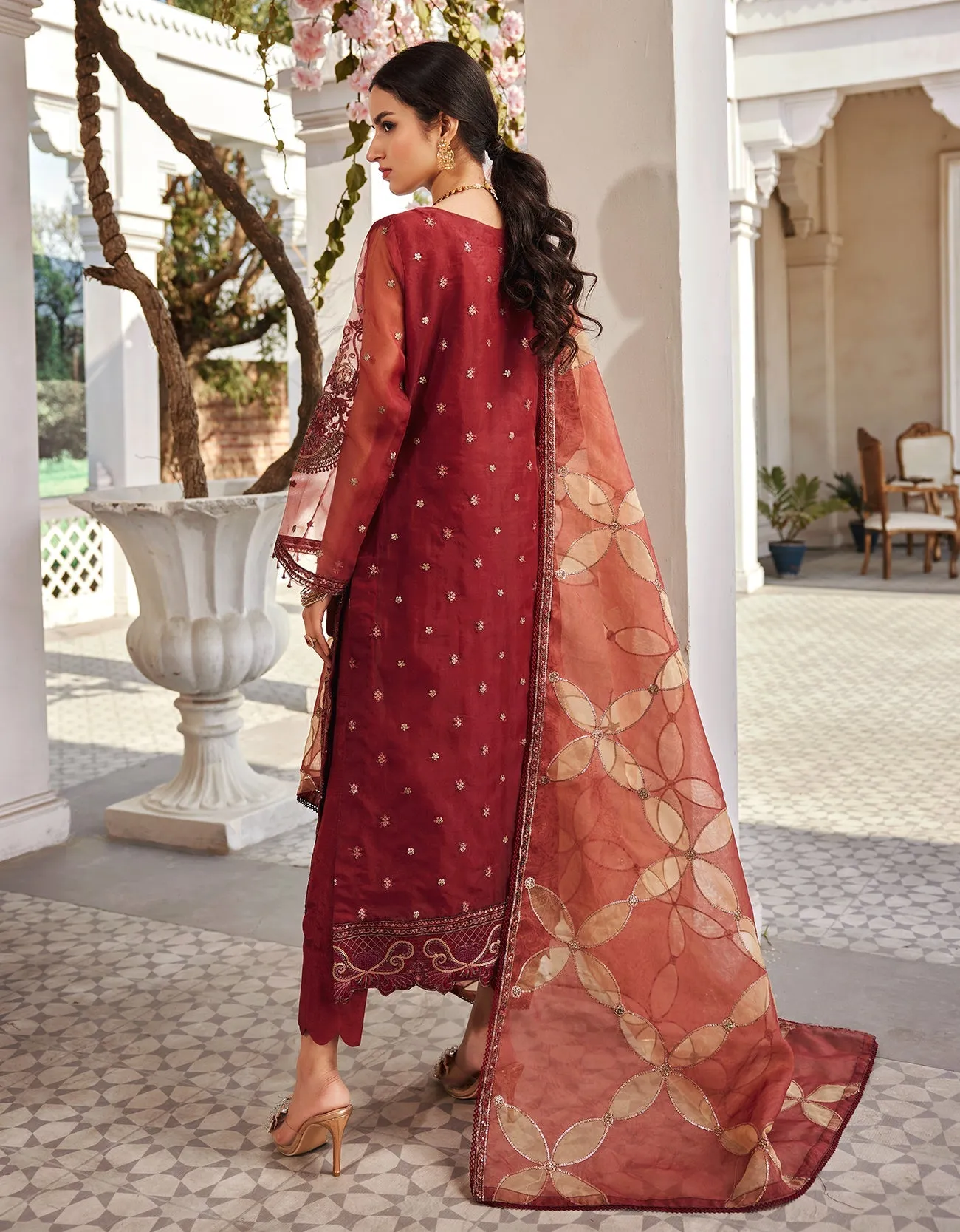 Organza Red Salwar Kameez for Pakistani Party Dresses
