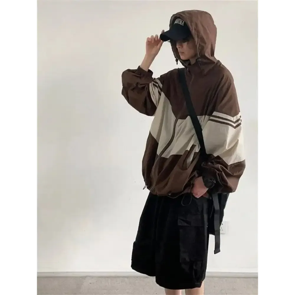 Oversized Color Block Hooded Jacket for Y2K Fashion