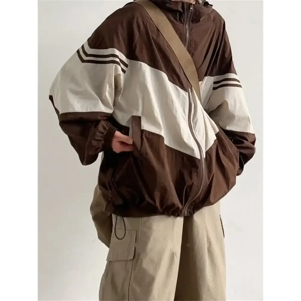 Oversized Color Block Hooded Jacket for Y2K Fashion