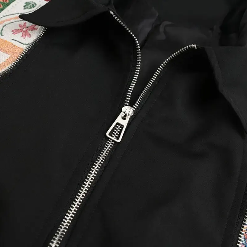 Oversized Zip-Up Jacket for Y2K Fashion with Graphic Print Rib Sleeves