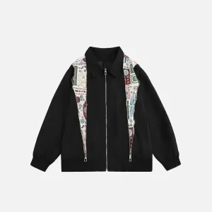 Oversized Zip-Up Jacket for Y2K Fashion with Graphic Print Rib Sleeves