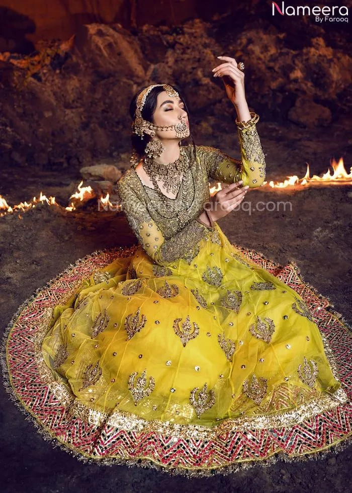 Pakistani Frock Yellow Mehndi Suit Bridal Dress #BN958