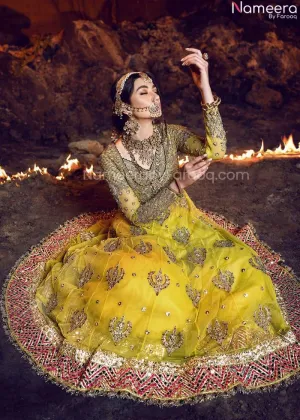Pakistani Frock Yellow Mehndi Suit Bridal Dress #BN958