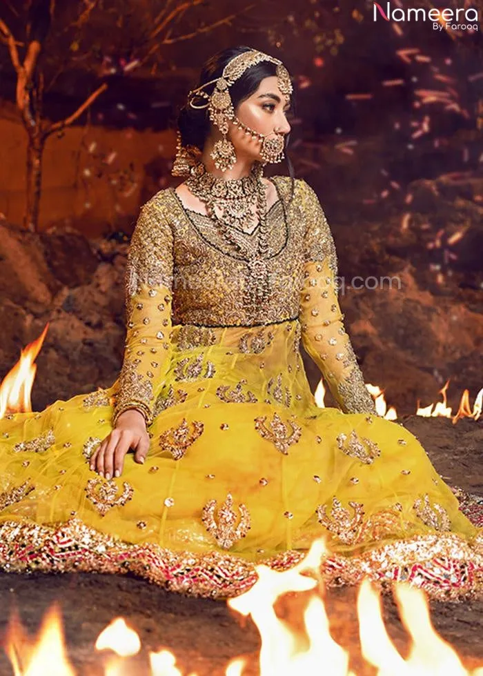 Pakistani Frock Yellow Mehndi Suit Bridal Dress #BN958