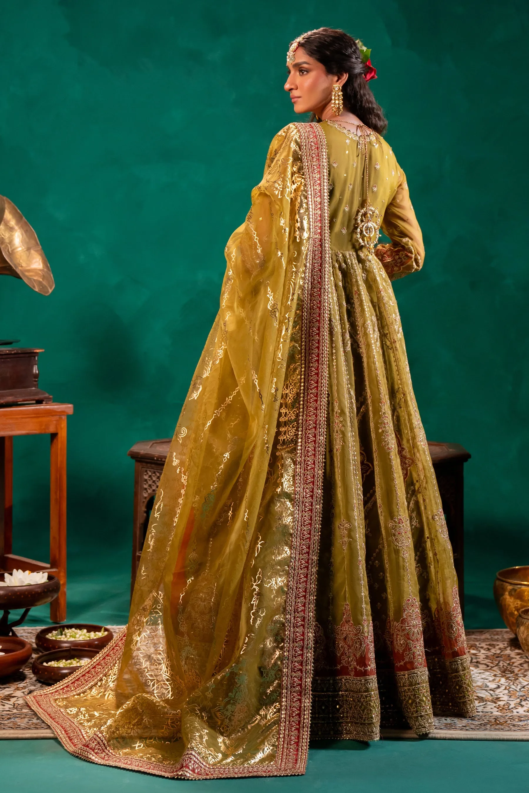 Pakistani Wedding Dress in Mustard Green Pishwas Style