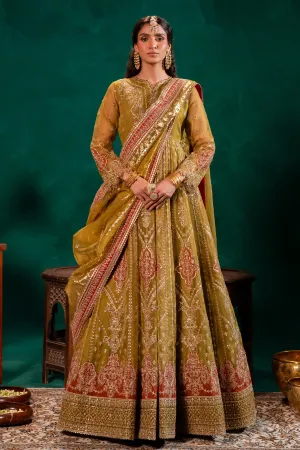 Pakistani Wedding Dress in Mustard Green Pishwas Style