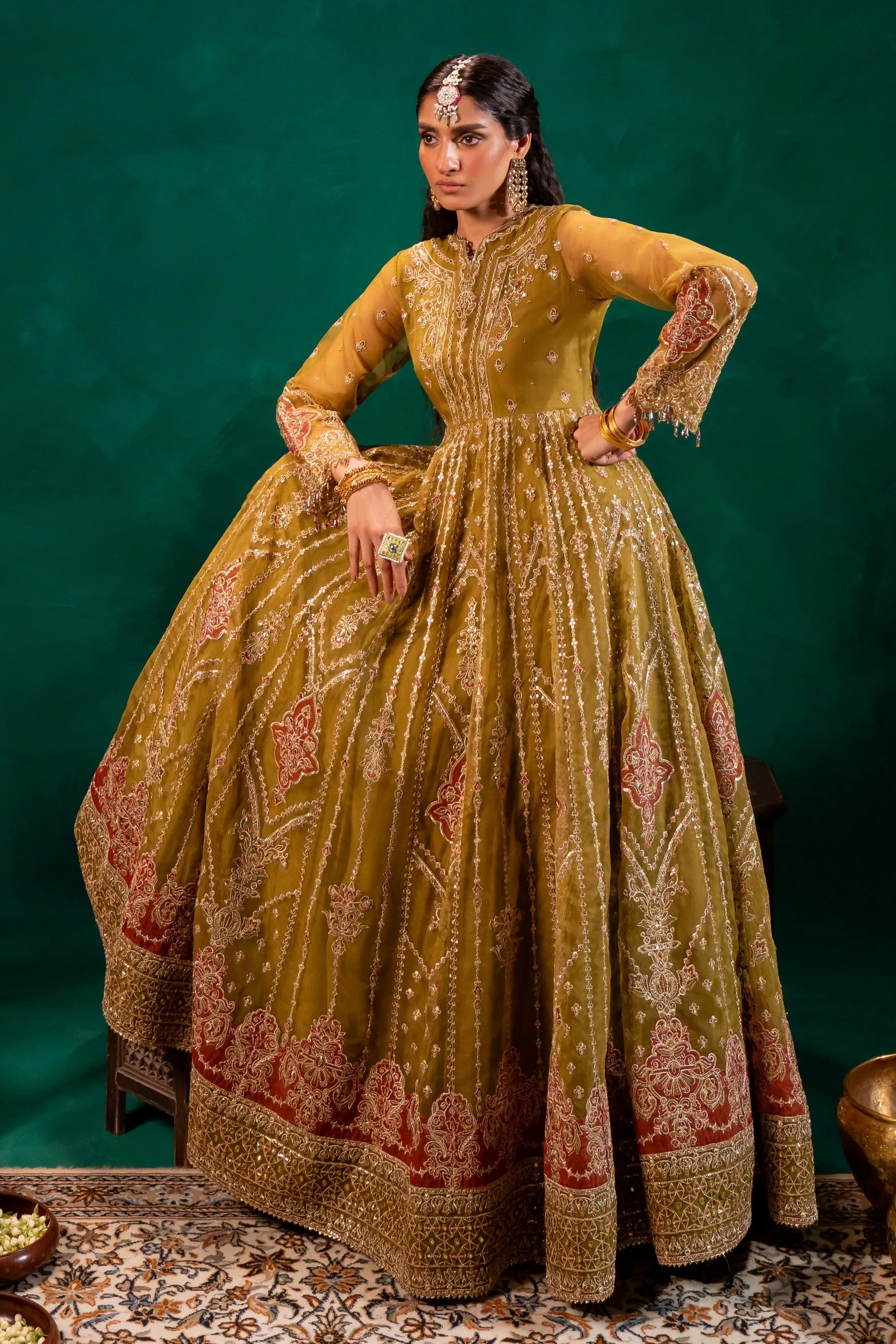 Pakistani Wedding Dress in Mustard Green Pishwas Style