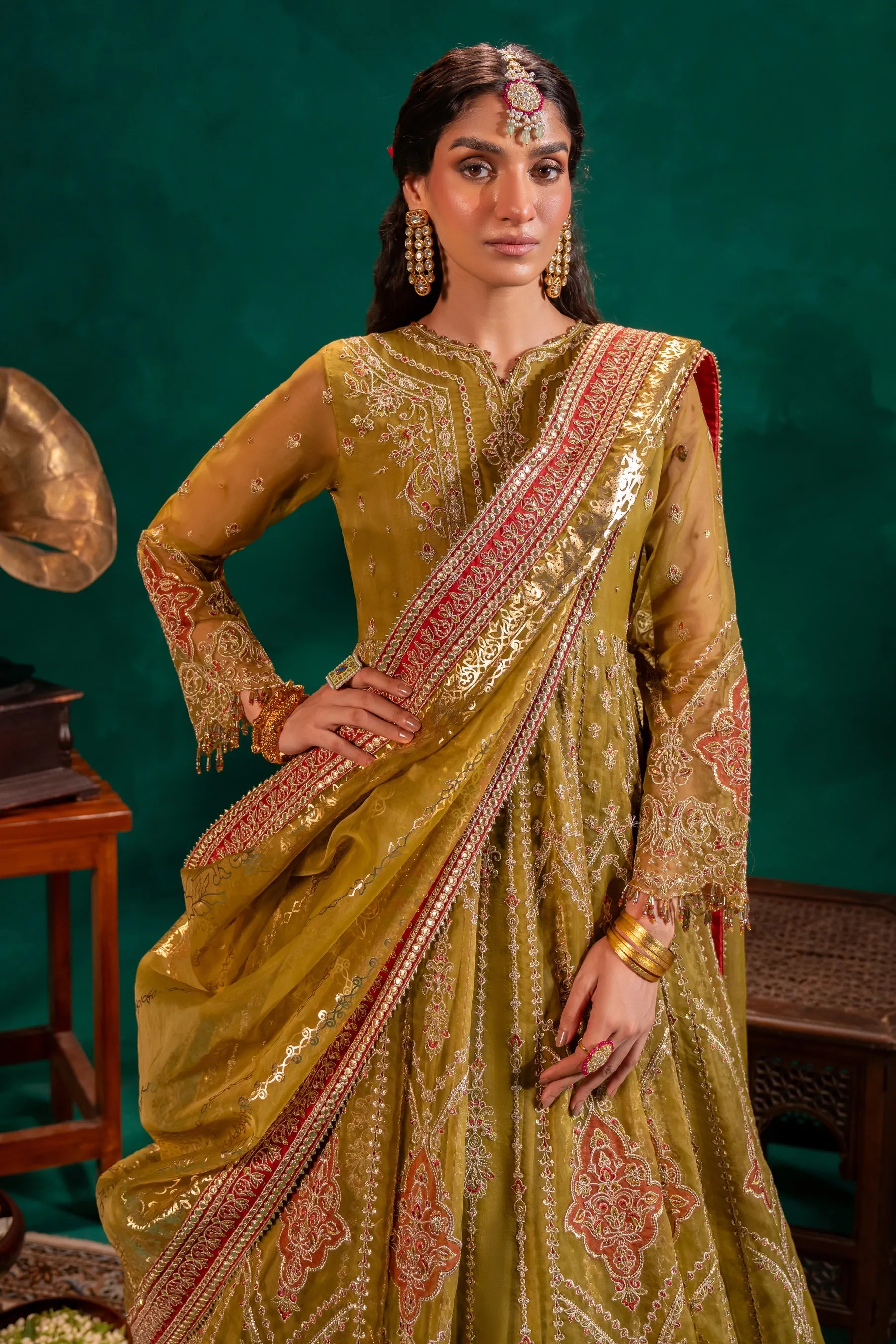 Pakistani Wedding Dress in Mustard Green Pishwas Style