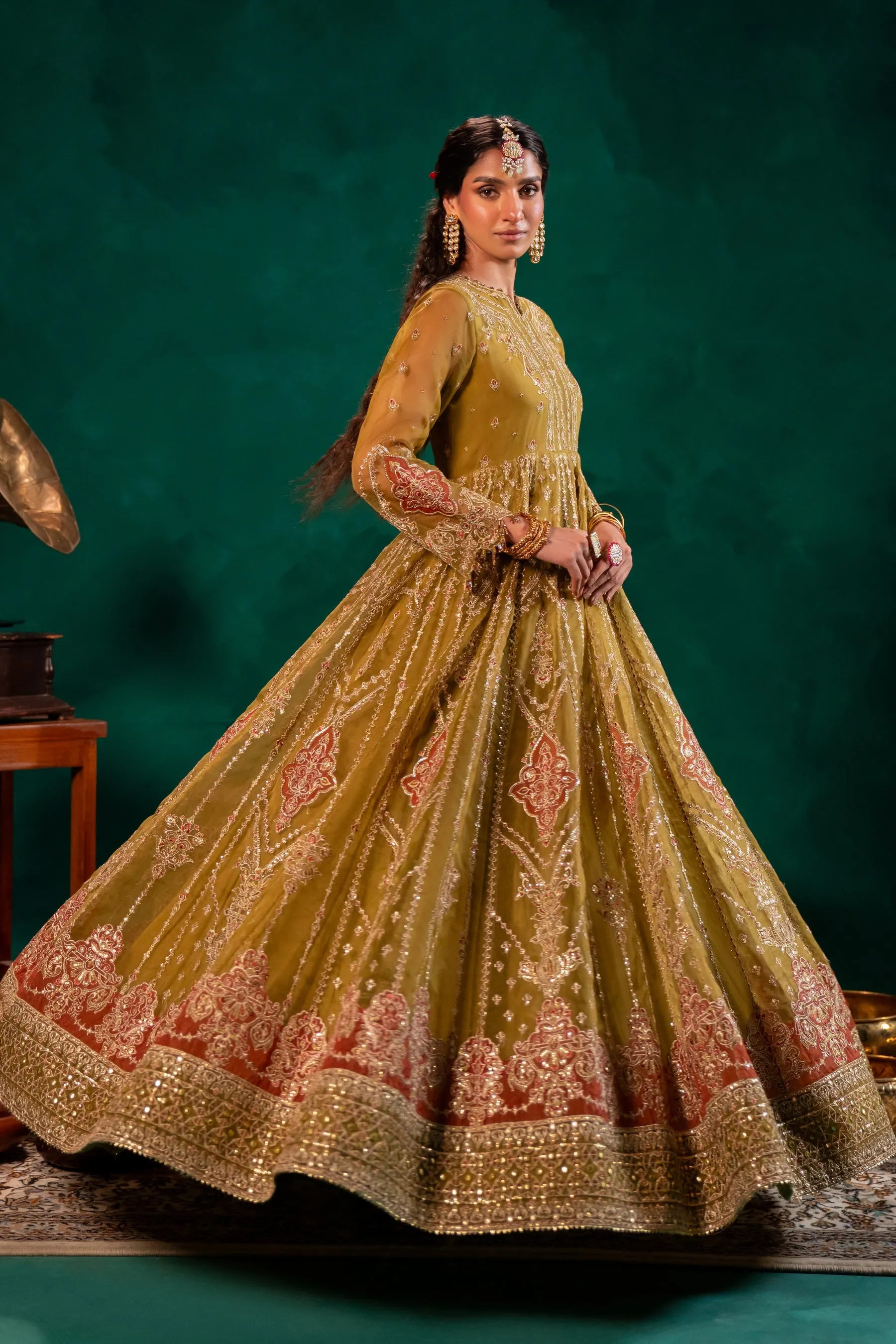 Pakistani Wedding Dress in Mustard Green Pishwas Style