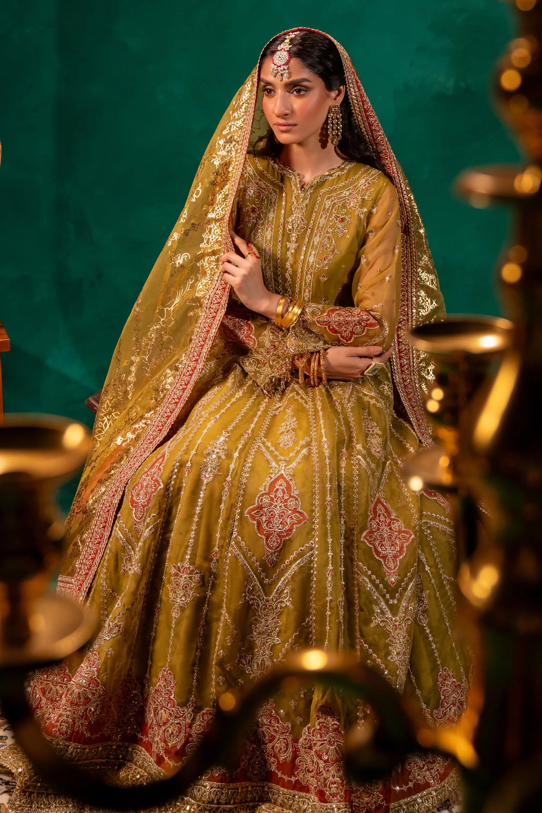 Pakistani Wedding Dress in Mustard Green Pishwas Style