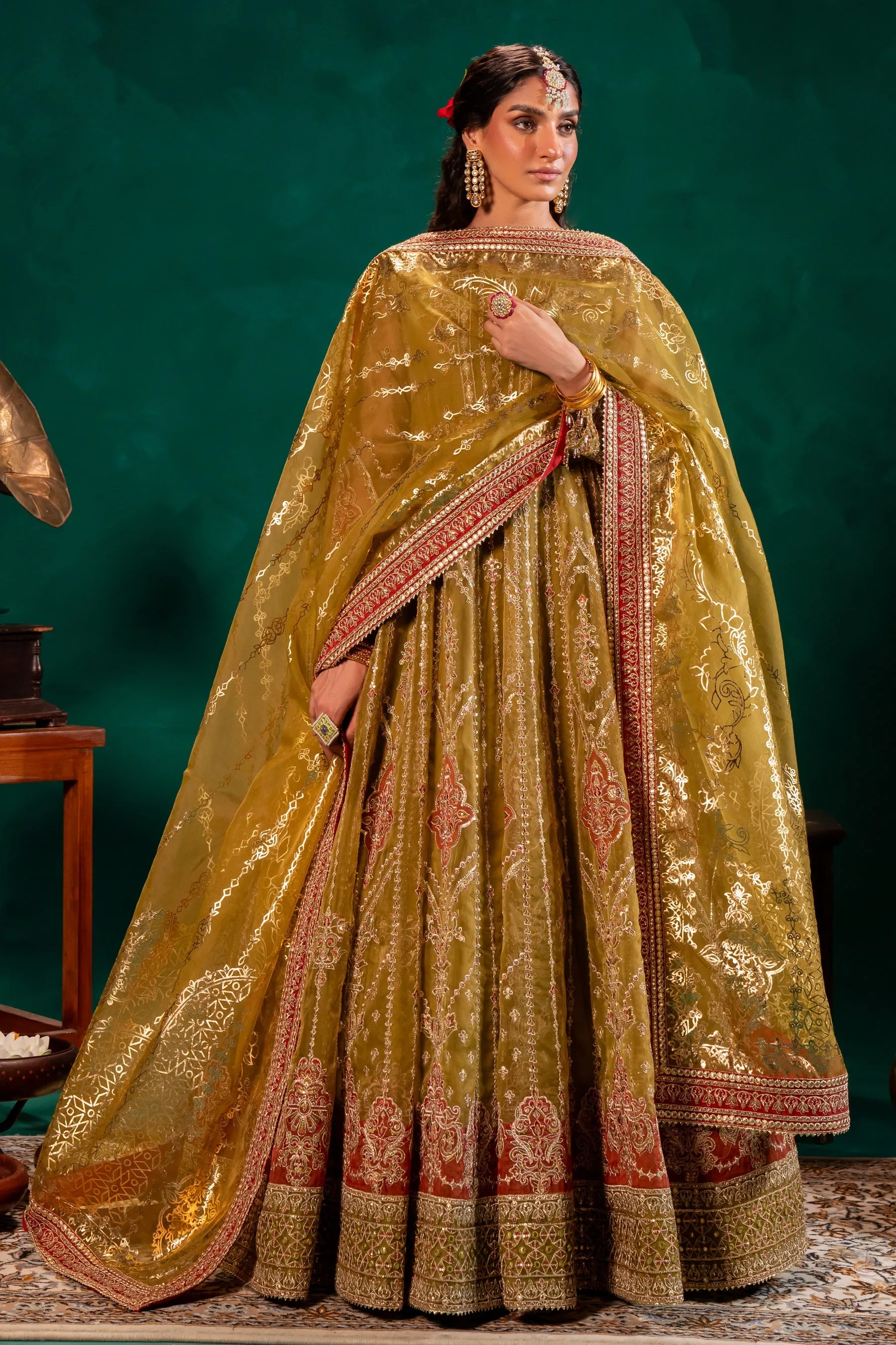 Pakistani Wedding Dress in Mustard Green Pishwas Style