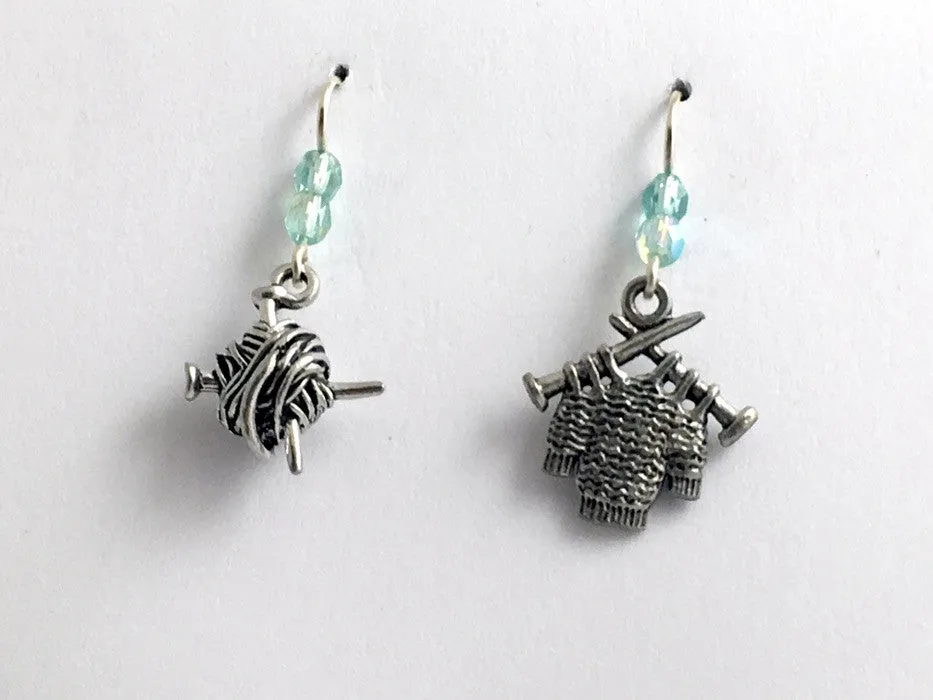 Pewter & sterling silver knitting earrings-knit, ball of yarn, sweater, knitter