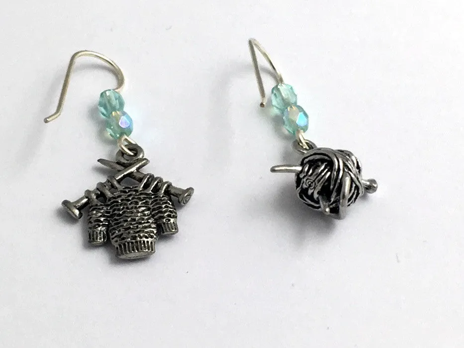 Pewter & sterling silver knitting earrings-knit, ball of yarn, sweater, knitter