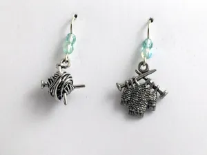 Pewter & sterling silver knitting earrings-knit, ball of yarn, sweater, knitter