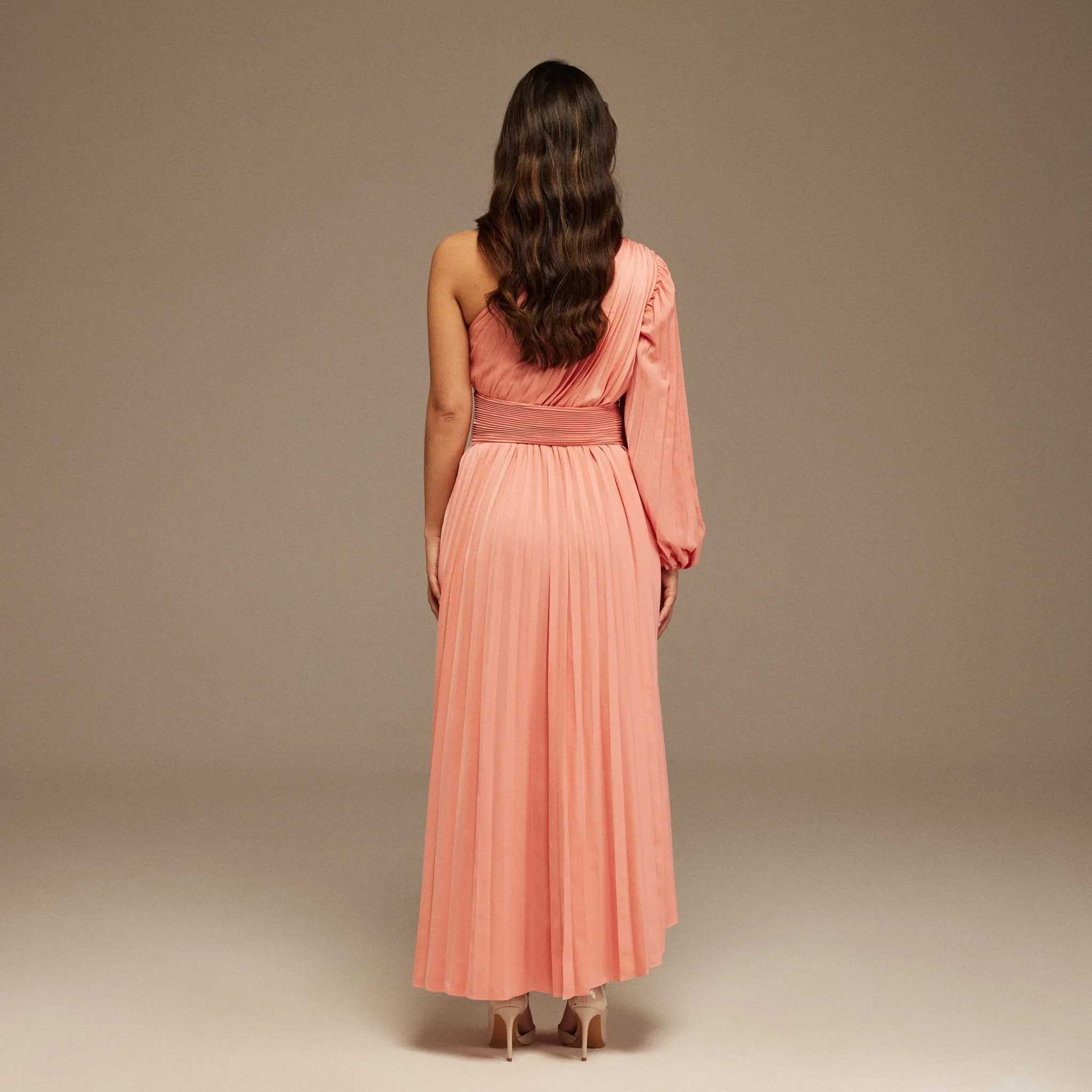 Pink Asymmetric One Sleeve Pleated Long Dress