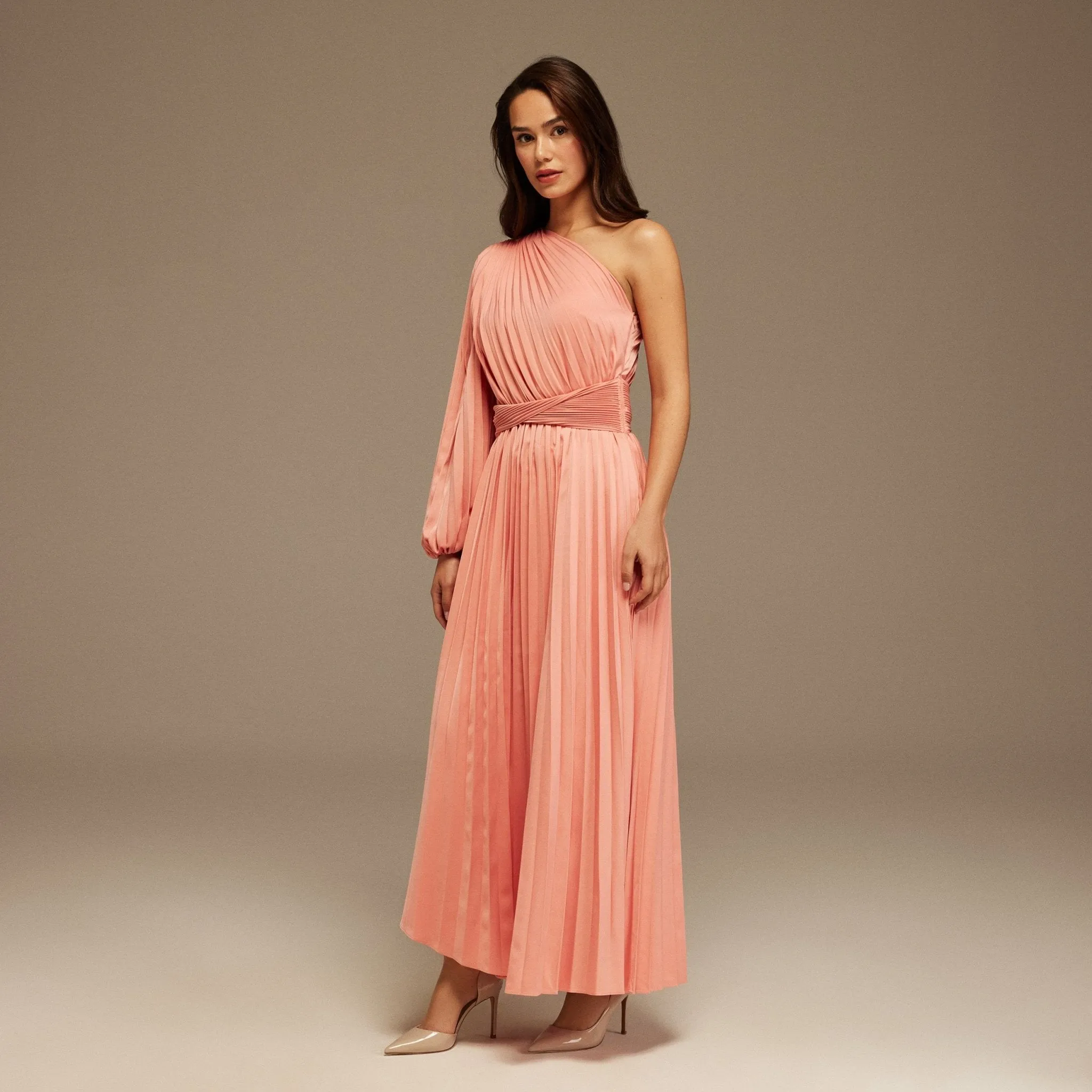 Pink Asymmetric One Sleeve Pleated Long Dress