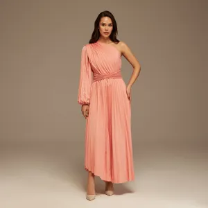 Pink Asymmetric One Sleeve Pleated Long Dress