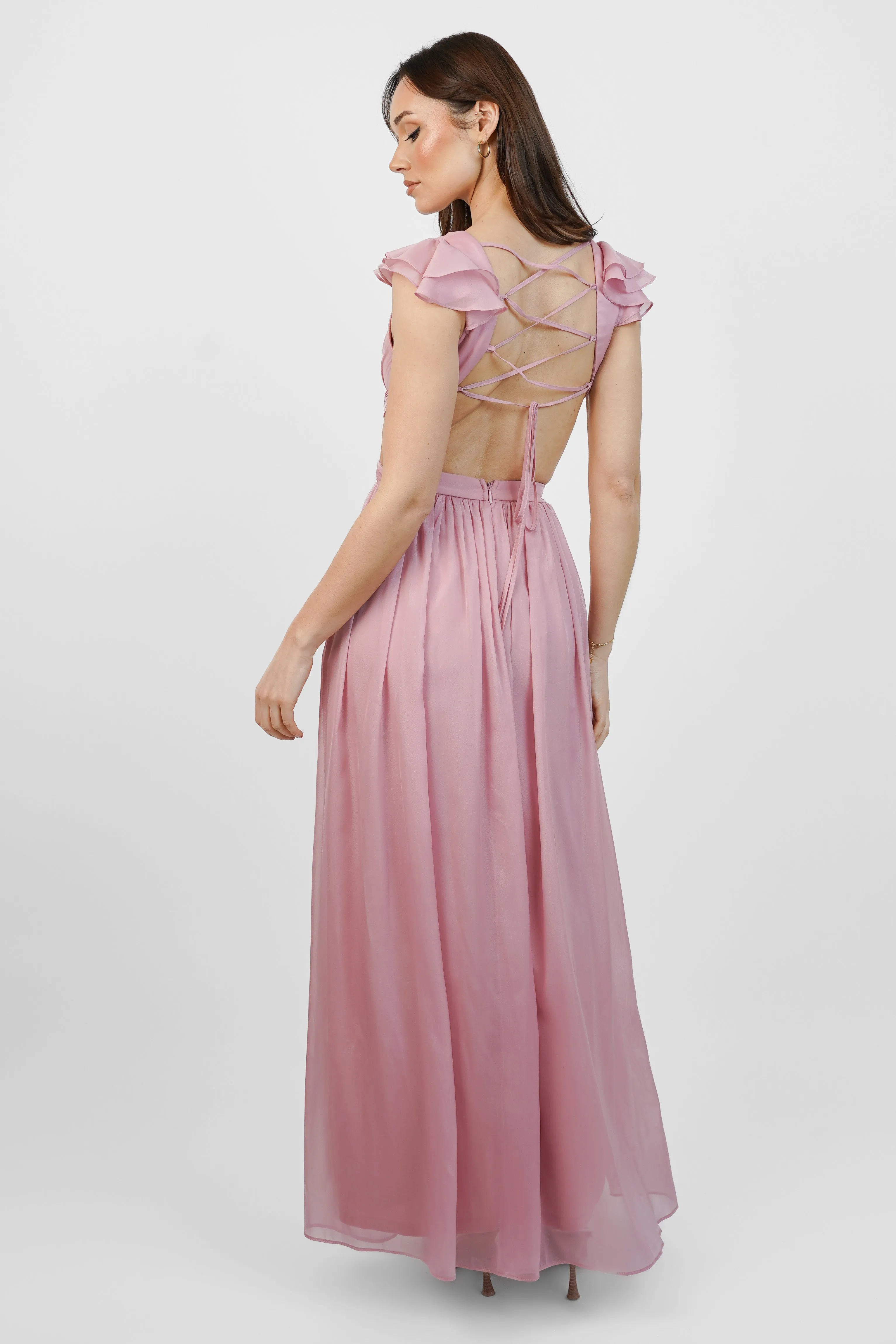 Pink Metallic Chiffon Maxi Dress with Cutouts