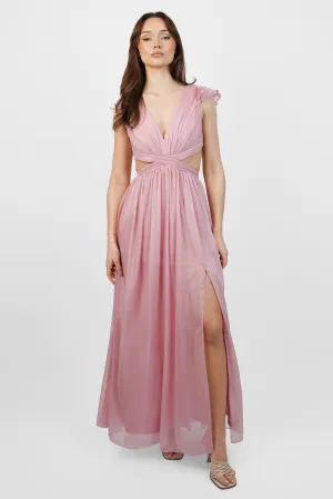 Pink Metallic Chiffon Maxi Dress with Cutouts