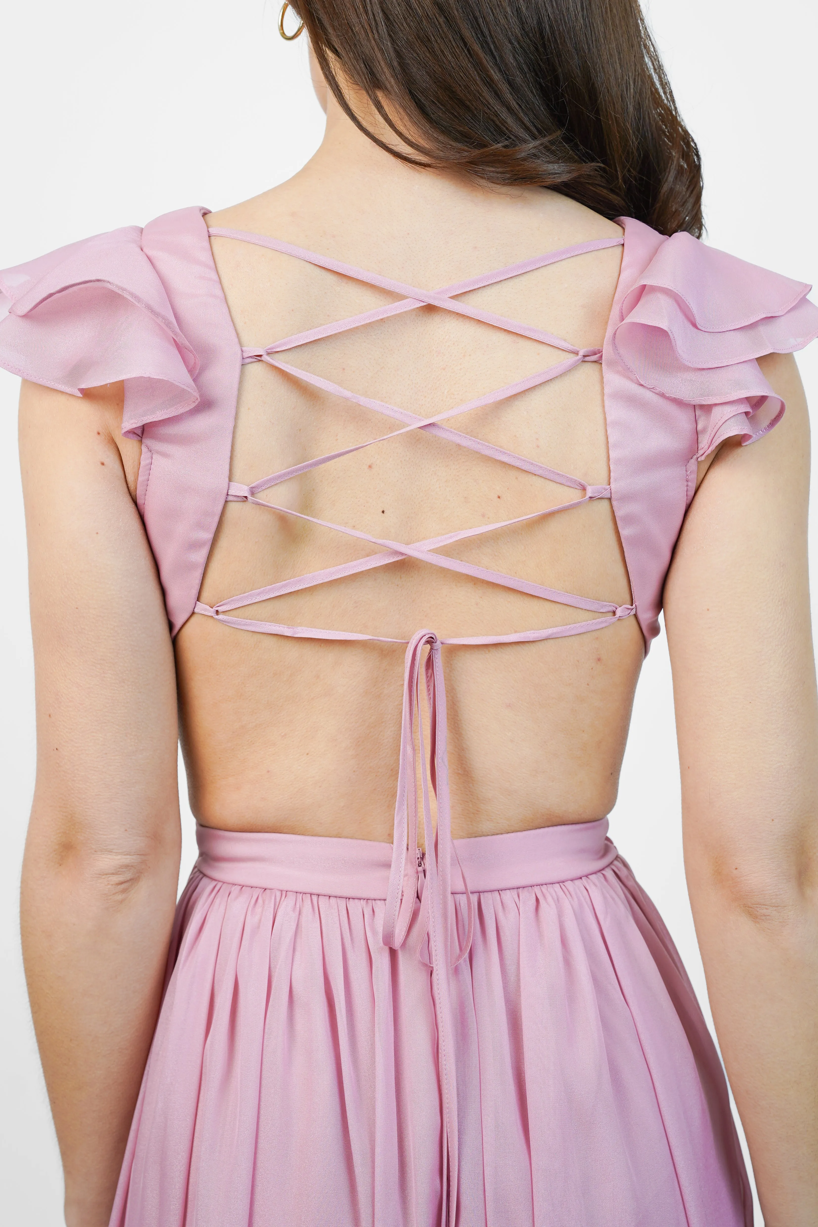 Pink Metallic Chiffon Maxi Dress with Cutouts