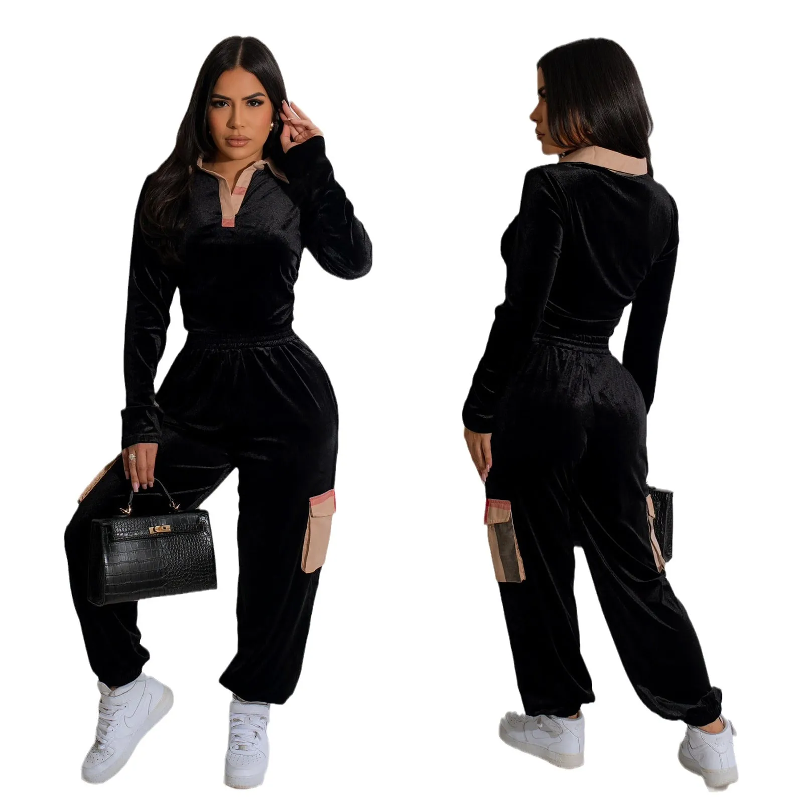 Plaid Patchwork Velvet Two-Piece Set for Effortless Sophistication