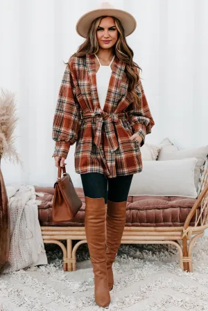 Plaid Point Of View Belted Plaid Coat (Rust)