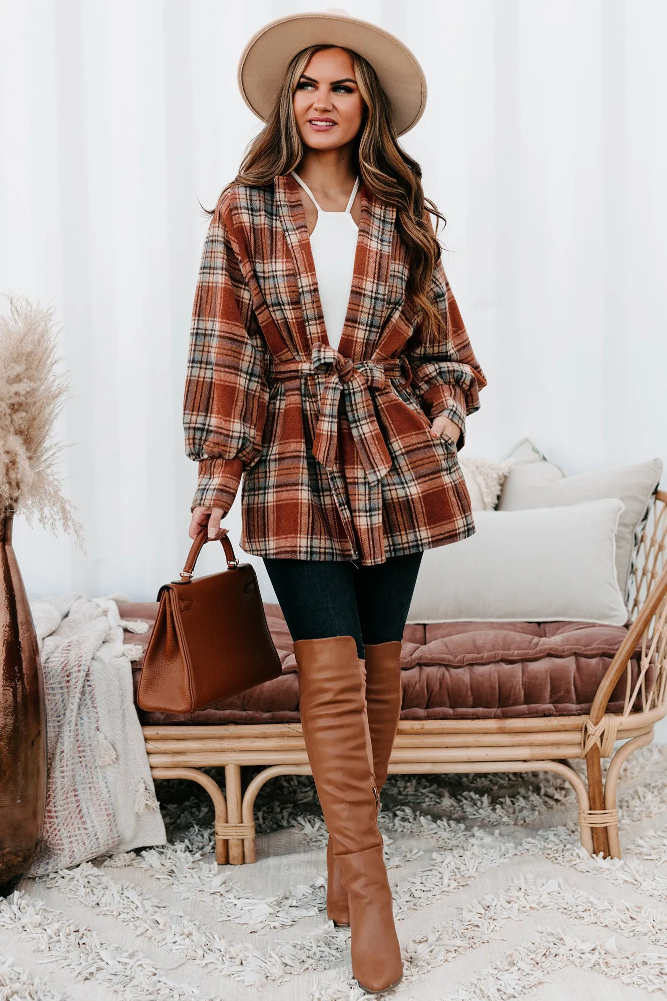 Plaid Point Of View Belted Plaid Coat (Rust)