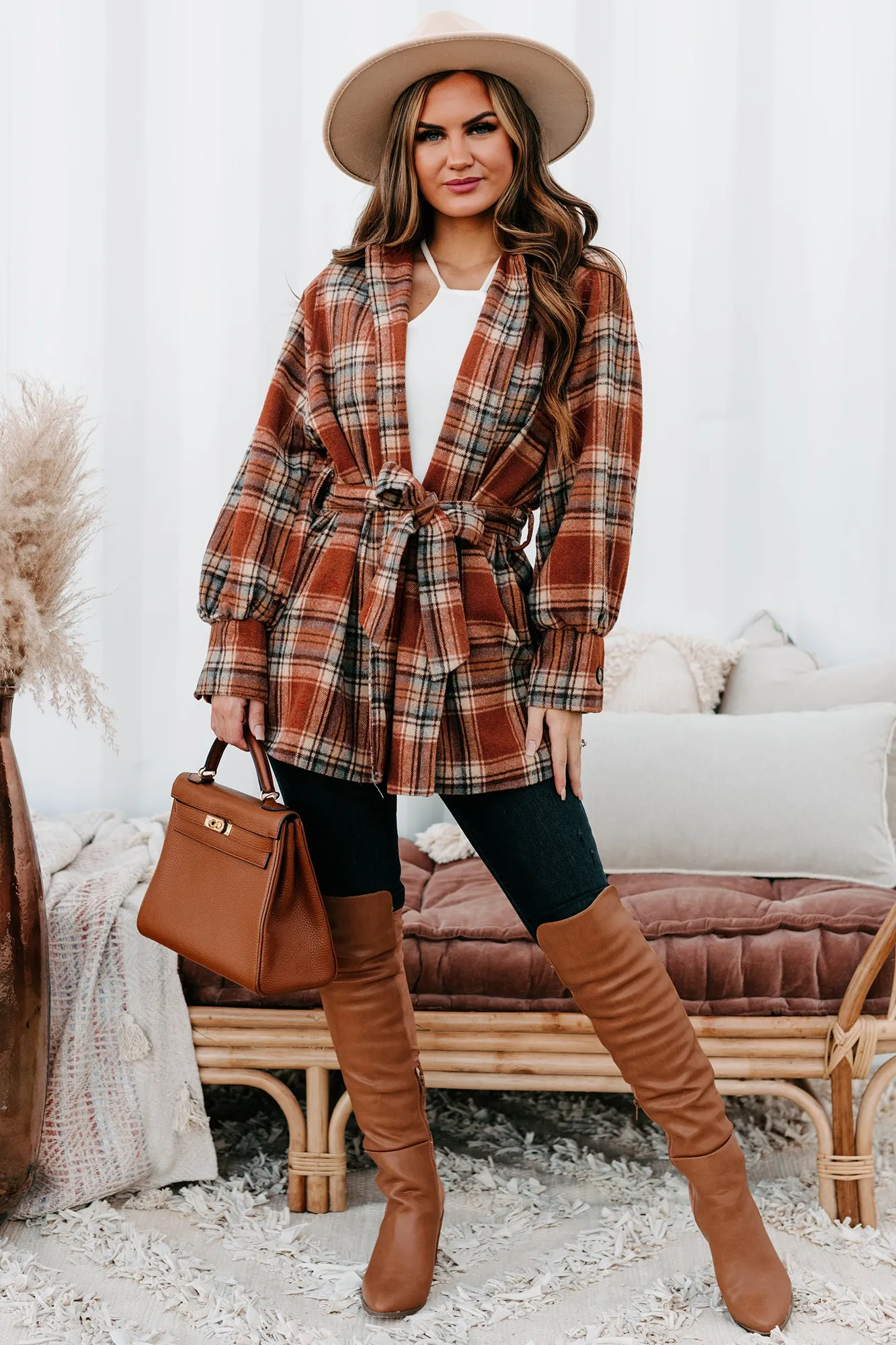Plaid Point Of View Belted Plaid Coat (Rust)